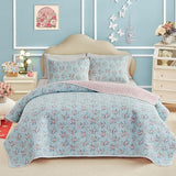 Joyreap Twin Size Floral Quilt Set for Girls, Pink Flowers on Blue Design, 3pcs Microfiber Lightweight Quilt Bedding Set, Bedspread Bed Cover for All Season- 68x88 inches Joyreap