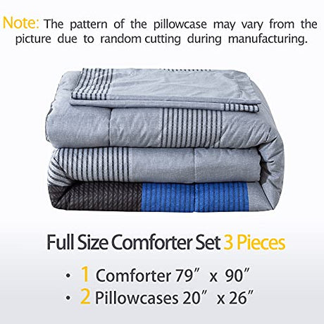 Andency Full Size Blue Comforter Set (79x90 Inch), 3 Pieces Gray and Blue Patchwork Striped Comforter, Soft Microfiber Down Alternative Comforter Bedding Set Bed in a Bag with Corner Loops Andency