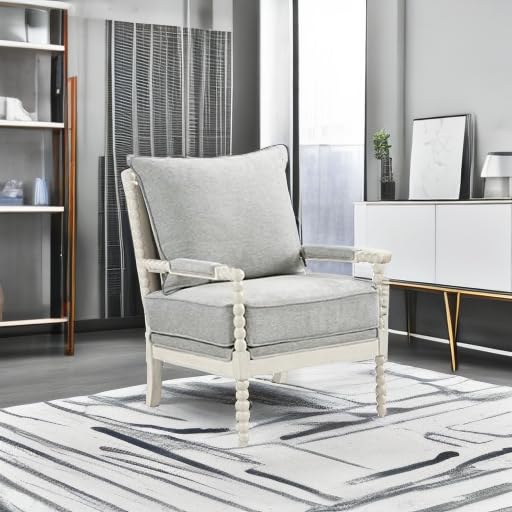 OSP Home Furnishings Kaylee Spindle Accent Chair with Antique White Wood Frame, Smoke Grey Fabric OSP Home Furnishings