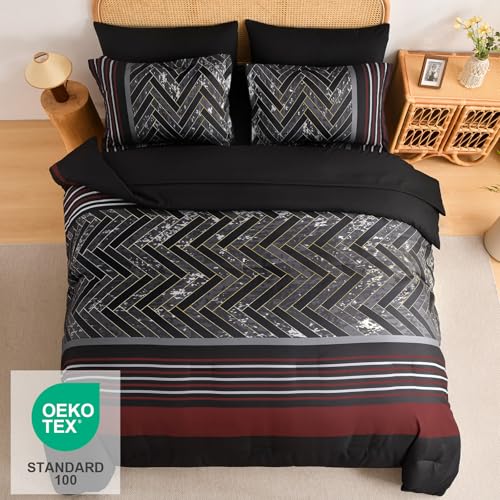 Luxudecor Black and Red Comforter Set Queen Size, 7 Pieces Stripe Geometric Bed in a Bag, Marble Comforter and Sheet Set, Soft Microfiber Complete Bedding Sets for All Seasons Luxudecor