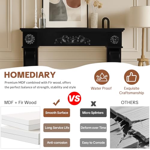 HOMEDIARY 44.5" Fireplace Mantel, Freestanding Fireplace Surround with Leg for Electric Fireplaces, MDF Mantel Surround with Shelf for Living Room with Decorative Pattern, Anti-Tipping & Waterproof HOMEDIARY