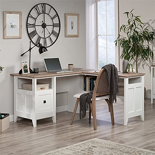 Sauder August Hill L-Shaped Home Office Desk in Soft White, Soft White finish - WoodArtSupply