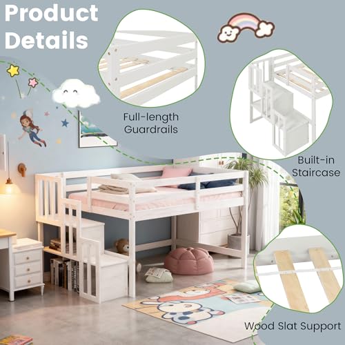 MoproBeti Low Loft Bed with Stairs, Wood Twin Size Kids Loft Bed with Guard Rails,Junior Low Loft Beds with Under-Bed Storage for Small Room/Low Ceiling Bedroom,White MoproBeti