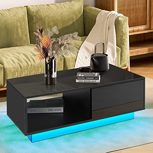 HOMMPA Led Coffee Table Black Low Profile Matte Coffee Table with High Gloss Tabletop and Storage Drawers Modern Small Center Coffee Table with Plug in Wired Led Light for Living Room 13" Tal - WoodArtSupply