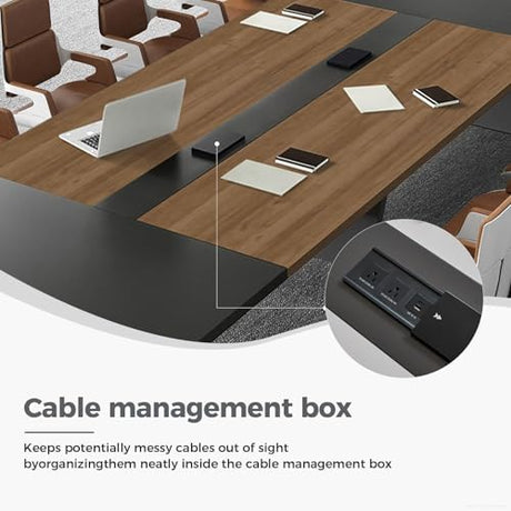 Nuipesn 118 Inch Rectangular Conference Table, 10FT Meeting Table for 10-12, Built-in Power Outlets & USB Charging Ports, Cable Management Box, 2 Inch Thick Top, Walnut/Grey Nuipesn