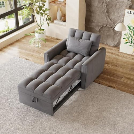 3 In 1 Velvet Convertible Single Sofa Bed,Pull Out Couch Bed With Reclining Backrest &Pillows,38.2" Modern Chaise Lounge Sleeper Sofa Futon Chair Bed,Couches for Small Spaces,Living Room (Dark Gray) Xinmviec