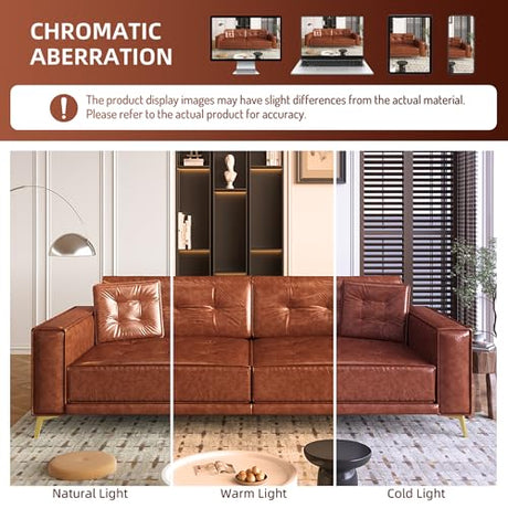LuxyHoom 92.1'' Pull Out Sofa Bed King, Faux Leather Futon Couch, 3-in-1 Convertible Sleeper Sofa with Tufted Back, Gold Furniture Legs, Deep Loveseat for Living Room, Apartment, Office, Light Brown LuxyHoom