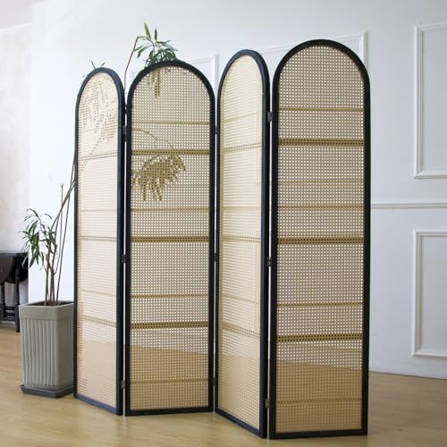 Furnnylane 4 Panel Room Divider Screen and Folding Panel Screen in Arch Shape and Book Storage Function,Double Sided Rattan Divider for Room Separation,Brown,70.9" H x 70.9" W Furnnylane
