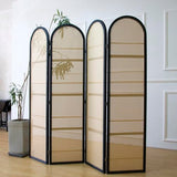 Furnnylane 4 Panel Room Divider Screen and Folding Panel Screen in Arch Shape and Book Storage Function,Double Sided Rattan Divider for Room Separation,Brown,70.9" H x 70.9" W Furnnylane