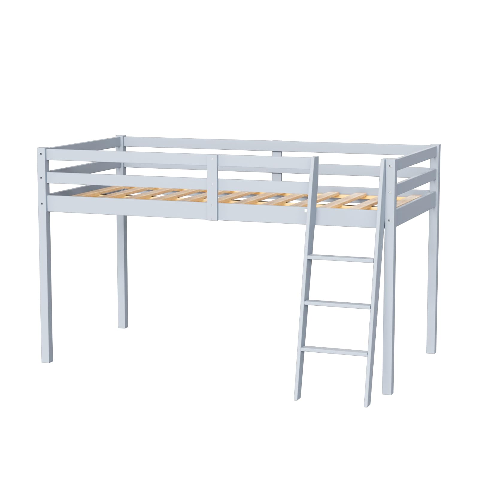 Bonnlo Grey Low Loft Bed Full Size with Inclined Stairs and High Guard Rail for Kids and Teens - WoodArtSupply