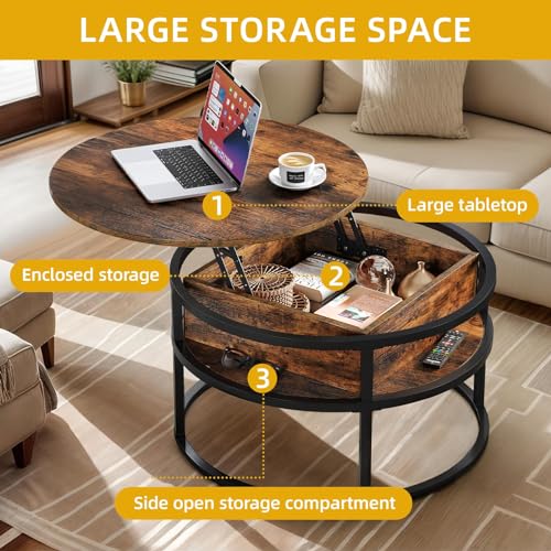 DWVO Coffee Tables for Living Room, Round Coffee Table, Lift Top Coffee Table with Storage and Hidden Compartment, Rustic Coffee Table, Small Circle Coffee Table,Wood Center Table, Rustic Brown DWVO