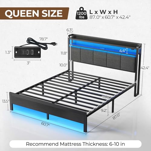 Rolanstar Queen Bed Frame with LED Lights, Upholstered Headboard, Charging Station, Storage Shelves, Heavy Duty Metal Slats, No Box Spring Needed, Noise Free, Easy Assembly, Dark Grey Rolanstar