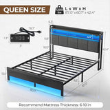 Rolanstar Queen Bed Frame with LED Lights, Upholstered Headboard, Charging Station, Storage Shelves, Heavy Duty Metal Slats, No Box Spring Needed, Noise Free, Easy Assembly, Dark Grey Rolanstar