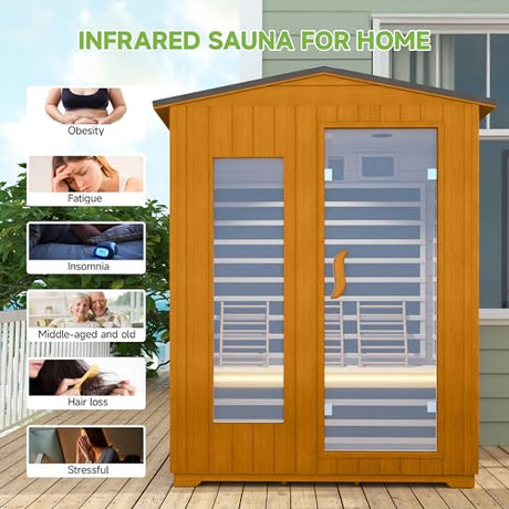 springspa Outdoor Infrared Sauna 3 Person for Home, 15amp Low EMF Far Infrared Spruce Wooden Sauna with Bluetooth,LCD Panel springspa