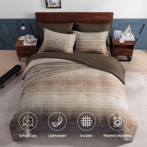 AMBERSPACE Twin XL Comforter Set Striped, Chocolate Brown Bedding Set 5 Pieces for Boys Girls Teen, All Season Bed in a Bag for Dorm with Sheets, Pillowcase & Sham AMBERSPACE