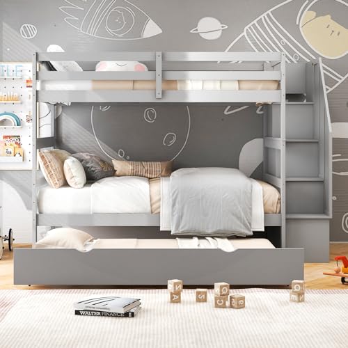 KOTEK Twin Over Twin Bunk Bed with Trundle and Stairs, Solid Wood Bunk Bed Frame with Storage Shelf, Bunk Beds Detachable into 2 Platform Beds for Kids Teens Adults (Grey) KOTEK