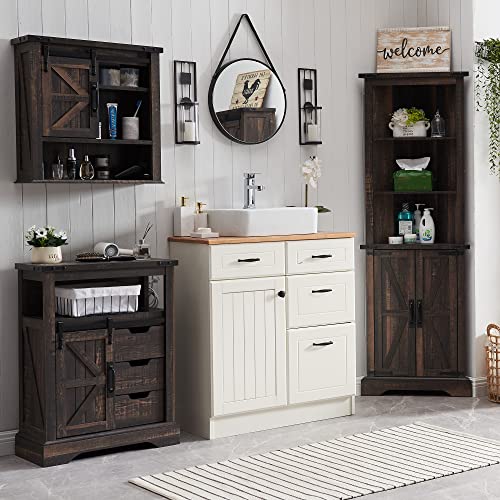 OKD Tall Corner Cabinet, Farmhouse Storage Cabinet with Barn Door Design & Adjustable Shelves, Home Space Saver for Bathroom, Living Room, Dark - WoodArtSupply