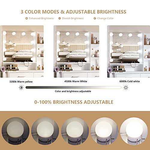 Maupvit Vanity Desk with Mirror and 10 LED Bulbs, Makeup Vanity Set with Charging Station & Nightstand, 5 Drawers Large Capacity, 2 Open Shelves, Dressing Table with Storage Stool for Bedroom, White Maupvit