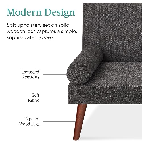 Best Choice Products Mid-Century Modern Upholstered Futon, Convertible Folding Sofa Bed, Small Couch w/Rounded Armrests, 2 Cupholders - Charcoal Best Choice Products