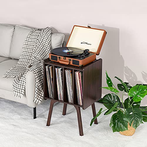 LELELINKY Record Player Stand, Walnut Vinyl Record Storage Table with 4 Cabinet Up to 100 Albums,Mid-Century Modern Turntable Stand with Wood Legs,Vinyl Holder Display Shelf for Bedroom Living Room LELELINKY