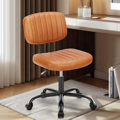 DUMOS Armless Small Home Office Desk Chair - Vanity Task Chair with Low Back, Height Adjustable PU Leather Swivel Computer Chair with 360° Rolling Wheels, Deep Brown