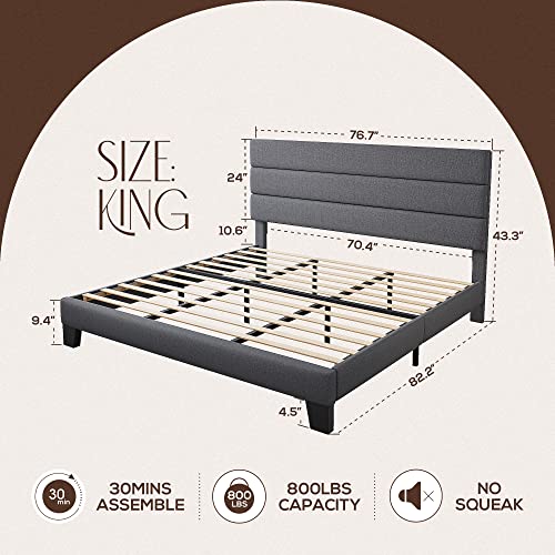 WEEWAY Dark Grey King Bed Frame with Linen Upholstered Headboard & Wooden Slats Support - WoodArtSupply