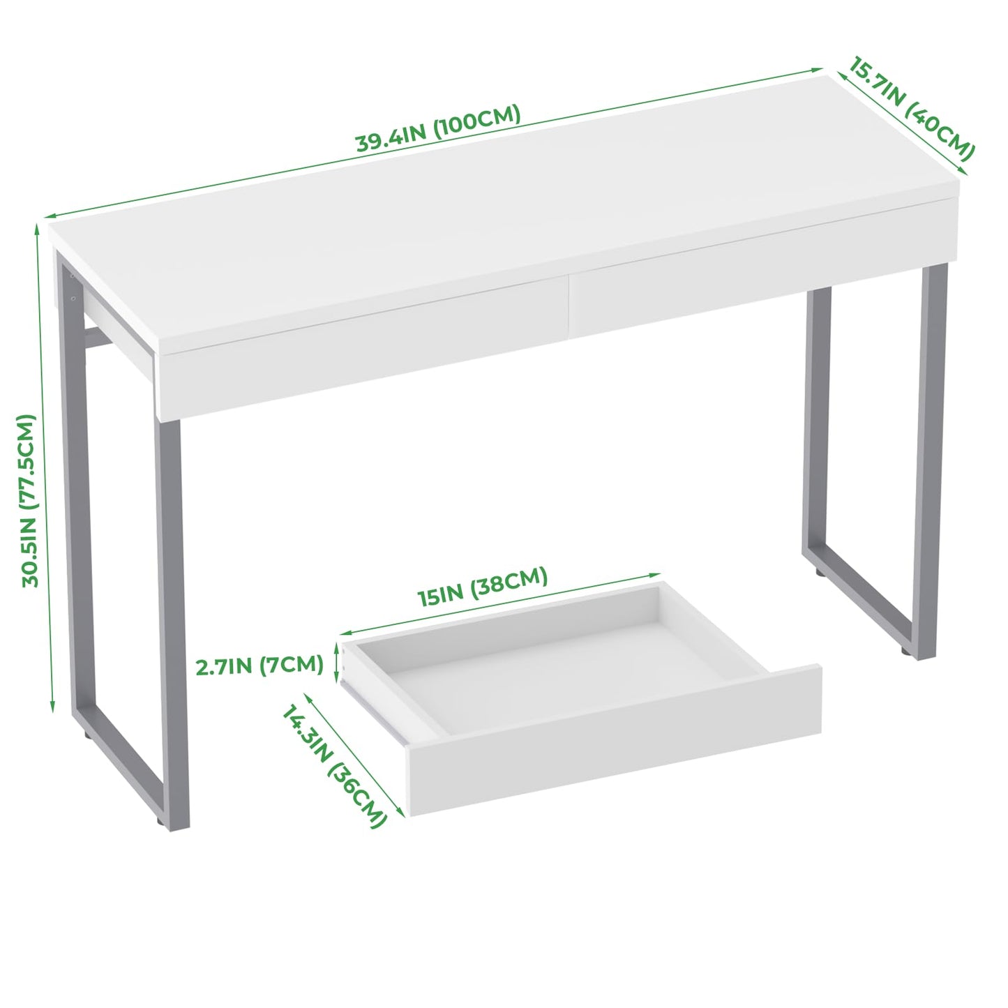 GreenForest Vanity Desk with 2 Drawers Glossy White 39 inch Modern Home Office Computer Desk Makeup Dressing Console Table with Metal Silver Legs for Small Spaces,Silver