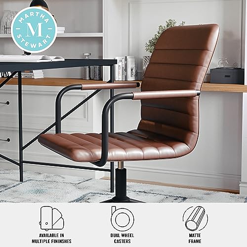 Martha Stewart Taytum Swivel Task Chair with Armrests for Home Office in Saddle Brown Faux Leather with Oil Rubbed Bronze Frame Martha Stewart