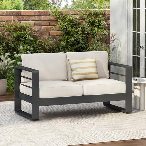 Christopher Knight Home Dessa Patio Loveseat, Aluminum Couch, 2 Seater Sofa, Stable Aluminum Frame Armchair, Spacious Seating, Outdoor Loveseat with Cushions for Backyard Garden Balcony, Black+Beige Christopher Knight Home