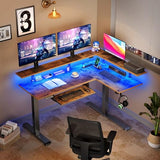 Rolanstar L Shaped Standing Desk with Keyboard Tray, Height Adjustable Corner Desk with LED Light & Power Outlet, Electric Sit Stand Computer Desk with Monitor Stand, Rustic Brown Rolanstar