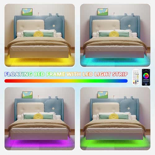 LIKIMIO Full Floating Bed Frame, Platform Bed Frame with Leather Upholstered Headboard, LED Light & Charging Station, Solid Wood Slats Support, No Box Spring Needed, Blue LIKIMIO