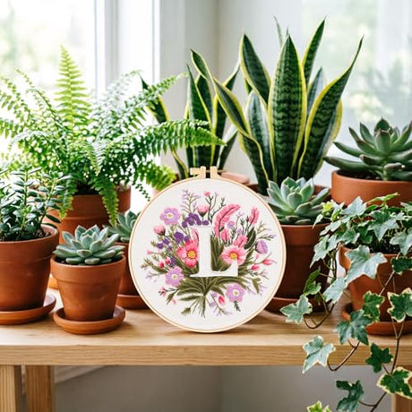 Zerzsy 7.87 '' Embroidery Kits Plant Flower Leaf English Letter Patterns for Beginners Adults, Easy to Learn Cross Stitch Kit for Home Office Decor Zerzsy