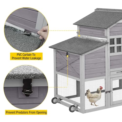 Chicken Coop 65in Mobile Hen House Outdoor Wooden Poultry Cage with Wheels, Nesting Box, Leakproof Pull-on Tray and UV-Resistant Roof Panel - WoodArtSupply