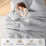 MUXHOMO 7 Pieces Queen Comforter Set, Seersucker Bed in a Bag Queen Size, All Season Luxury Bedding Set with Comforter, Flat Sheet, Fitted Sheet, Pillowcases & Shams, Light Grey MUXHOMO