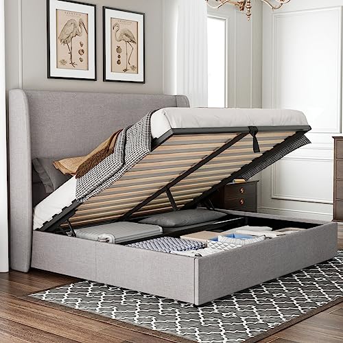 Jocisland Queen Size Lift Up Storage Bed Frame Linen Upholstered Platform Bed/Hydraulic Storage/Modern Wingback Headboard/No Box Spring Needed/Wood Slats Support/Light Grey Jocisland