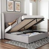 Jocisland Queen Size Lift Up Storage Bed Frame Linen Upholstered Platform Bed/Hydraulic Storage/Modern Wingback Headboard/No Box Spring Needed/Wood Slats Support/Light Grey Jocisland