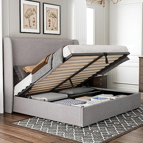 Jocisland Queen Size Lift Up Storage Bed Frame Linen Upholstered Platform Bed/Hydraulic Storage/Modern Wingback Headboard/No Box Spring Needed/Wood Slats Support/Light Grey Jocisland