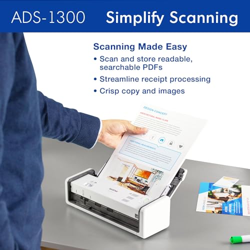 Brother ADS-1300 Compact Desktop Scanner | Scan Speeds of Up to 30ppm | Single Pass Double-Sided Scanning Brother
