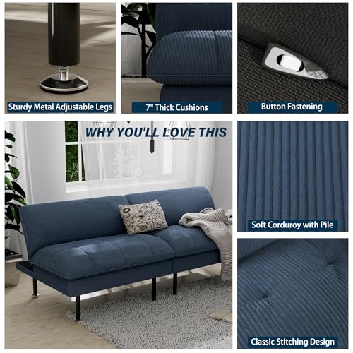 Ribilake 70" Futon Sofa Bed, 4 in 1 Multi-Function Couch Sleeper with Adjustable Backrest, Modern Convertible Futon, Recliner Small Loveseat for Living Room, Dorm, Blue Ribilake