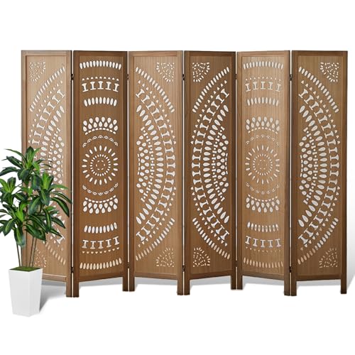 Asnefeli Wood Room Divider Wall and Folding Privacy Screen, 5.6 FT Tall Room Divider 6 Panel, Foldable Divider Panel, Environmentally Friendly Carved Privacy Divider for Home Bedroom Office (Brown) Asnefeli
