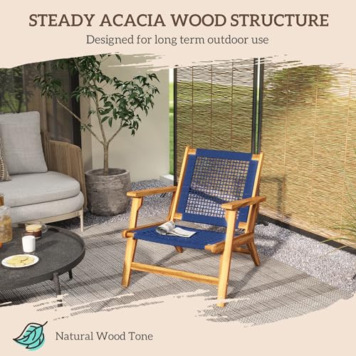 Outsunny Patio Acacia Wood Adirondack Chair, Modern Wood Fire Pit Chair with PP Rope Weave, Coconino Lounge Chair with High Backrest Support, Dark Blue - WoodArtSupply