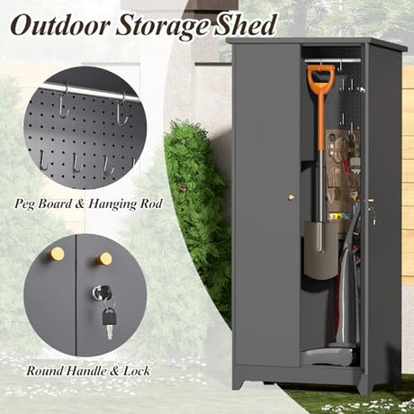 GREATMEET 72.8" Outdoor Broom Storage Cabinet, Waterproof Outdoor Narrow Storage Shed, Metal Storage Cabinets for Cleaning Supplies with Slanted Roof, Utility Closet, Broom Mop Storage Cabinet, Grey GREATMEET