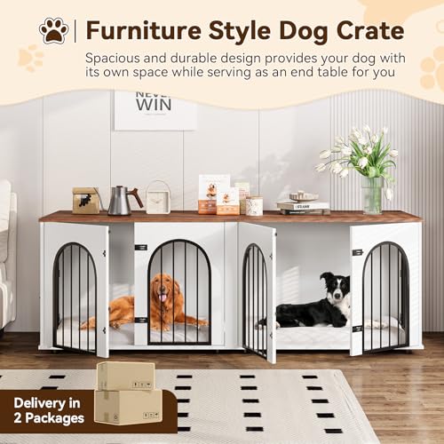 71" Large Dog Crate Furniture for 2 Dogs, Wooden Double Dog Crate, Indoor Dog Kennel TV Stand with Divider and Cushion for Large Medium Dogs, White/Brown GarveeLife
