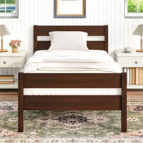 Duxelifin Twin Bed Frames Wood, Wood Twin Bed Frame with Headboard and Footboard, Platform Bed for Bedroom, Guset Room, No Box Spring Needed, Espresso Duxelifin