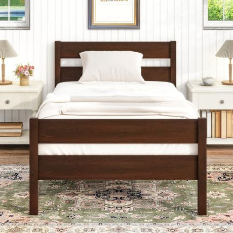 Duxelifin Twin Bed Frames Wood, Wood Twin Bed Frame with Headboard and Footboard, Platform Bed for Bedroom, Guset Room, No Box Spring Needed, Espresso Duxelifin