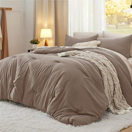 Bedsure Queen Comforter Set, Brown Soft Prewashed Bedding for All Seasons, 3 Pieces GentleSoft™ Bed Set, 1 Lightweight Comforter (90"x90") and 2 Pillowcases (20"x26") Bedsure