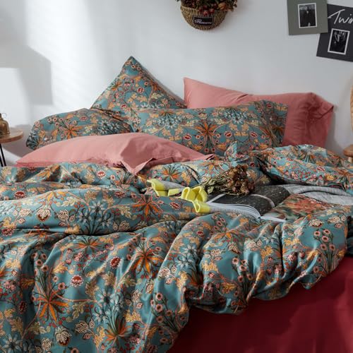 mixinni Vintage Style Garden Flower Duvet Cover Set with Zipper Closure Long Staple Percale Cotton Yellow Vibrant Pattern on Bedding Quilt Cover Set(California King, All Season) mixinni