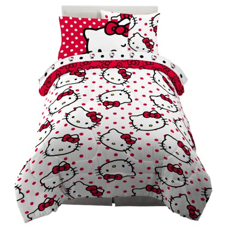 Franco Collectibles Hello Kitty Polka Dot Bedding 5 Piece Super Soft Comforter and Sheet Set with Sham, Twin, (Official Licensed Product) Franco