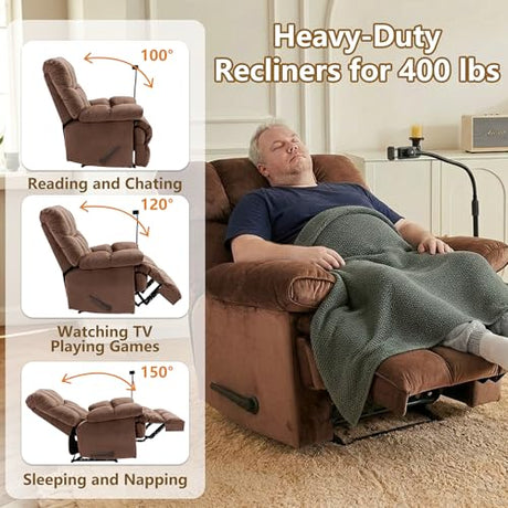 Cooexult Oversized Recliner Chair for Living Room, Extra Wide Manual Recliner for Big Man, Soft Velvet Fabric Recliner Sofa with Phone Holder for Living Room, Bedroom and Home Theater, Brown Cooexult