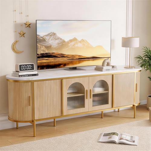 MXV 70" Fluted TV Stand for TVs up to 80", Mid Century Modern Entertainment Center with Sliding Doors & Glass Door, TV Console Table with Faux Marble Top for Living Room, Oak MXV